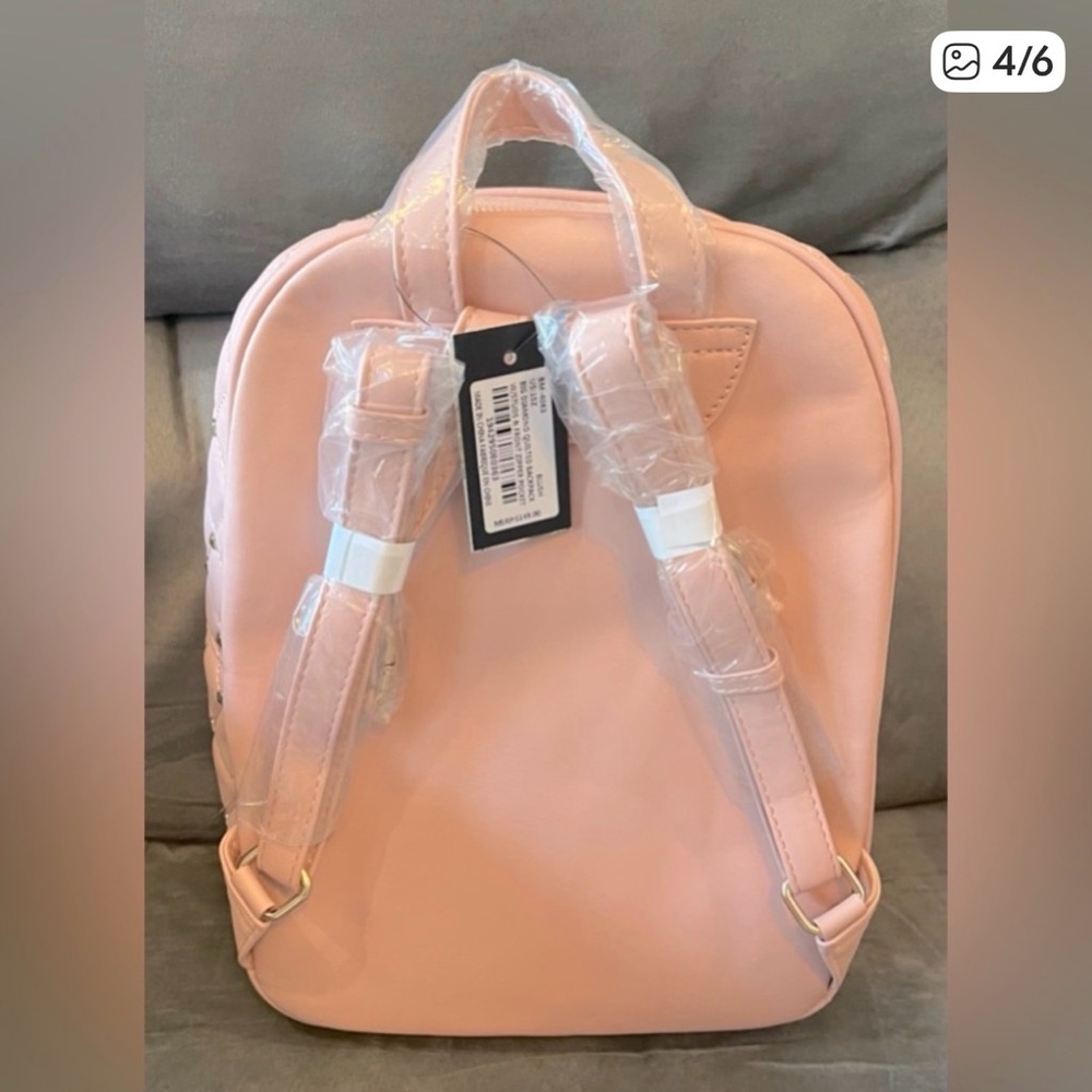 Pink Quilted Studded Backpack with Gold Monogram - Picture 4 of 6